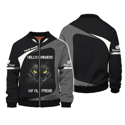 T-shirt personnalisé avec nom de chat noir Hello Darkness My Old Friend 3D Shirts Cadeau pour les amoureux des chats