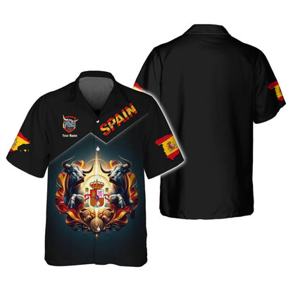 Personalized Spain Pride Shirt - Dual Bulls and Coat of Arms Design for Spain Enthusiasts