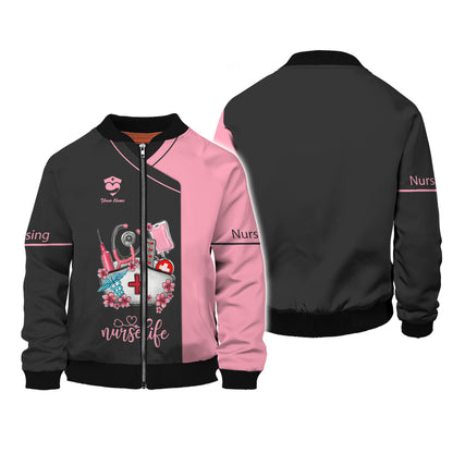 Camiseta de enfermera personalizada: «Nurse Life» con motivo médico en rosa y negro