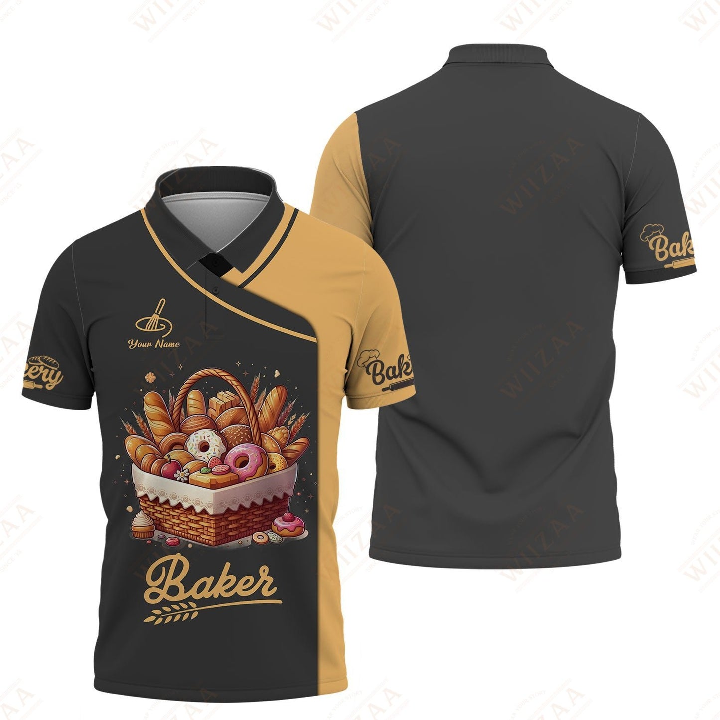 Camiseta de panadero personalizada: cesta de repostería gourmet con borde dorado