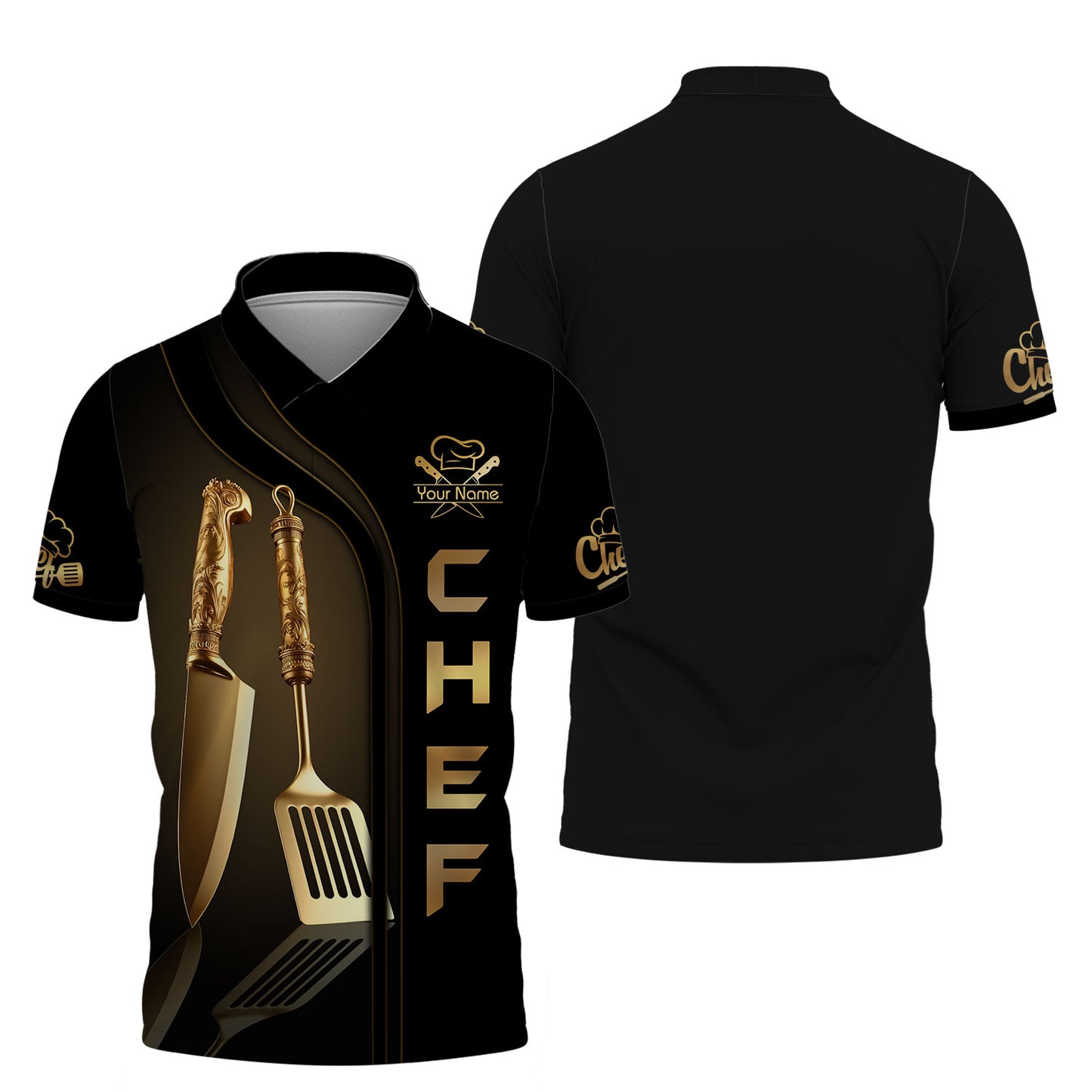 Personalized Chef Shirt - Gourmet Gold Accents & Cookware Motif