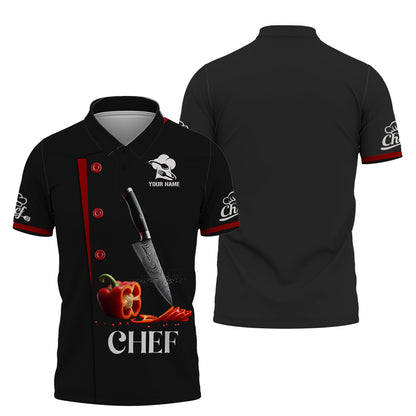 Camisa de chef personalizada: cuchillo de precisión y detalle de pimiento rojo