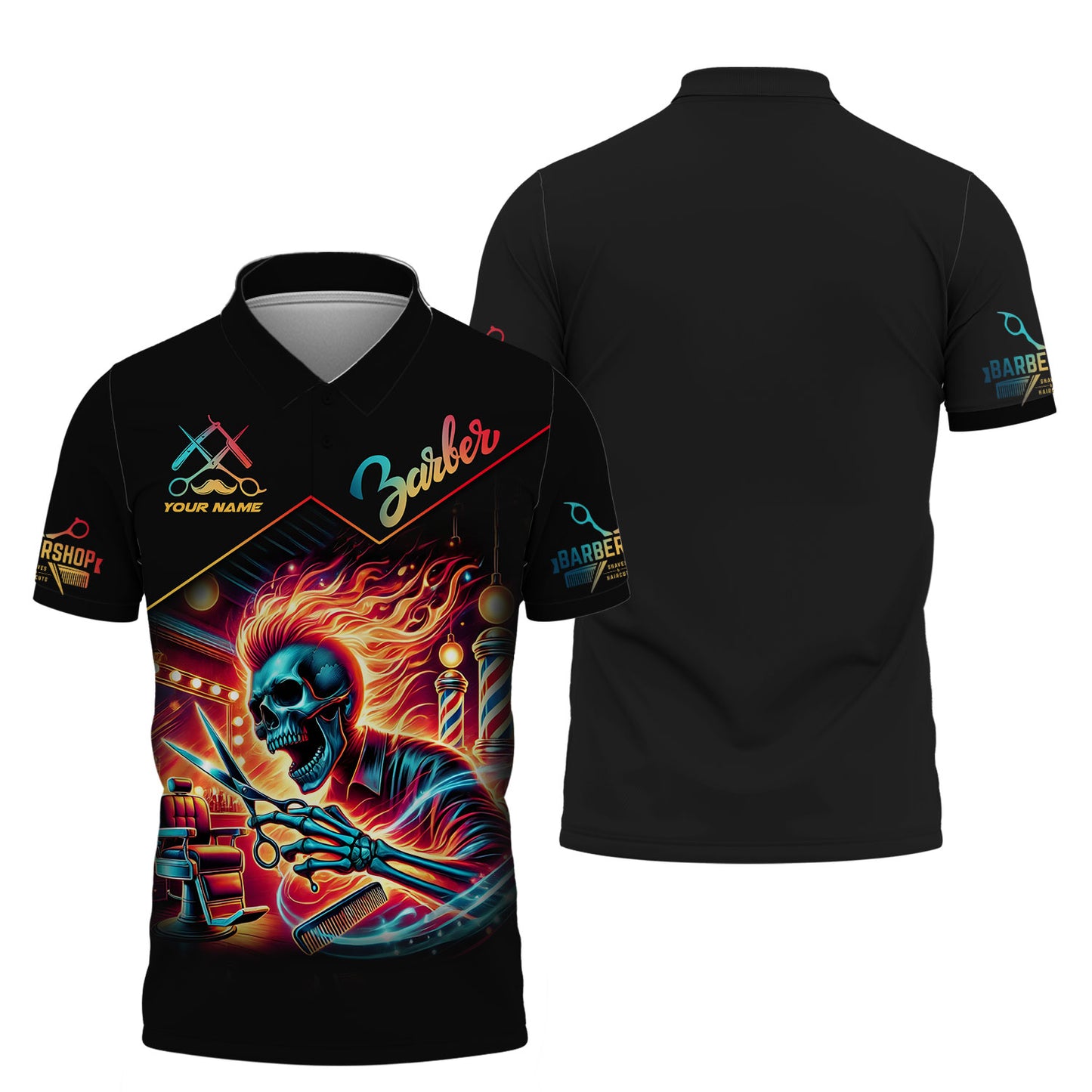 Chemise de barbier personnalisée - Flaming Skull Haircut Master