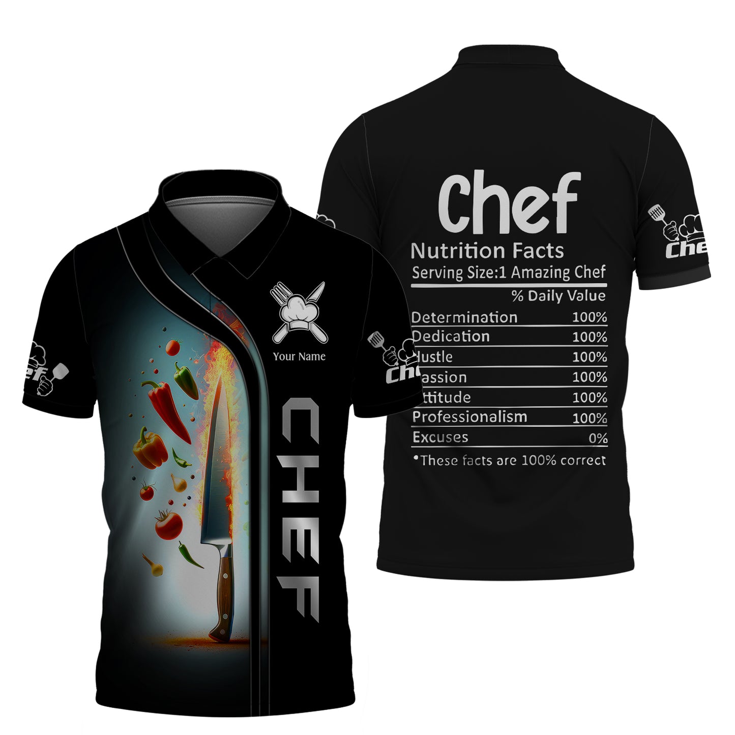 Couteau de chef et légumes T-shirts 3D Couteaux de cuisine T-shirt personnalisé