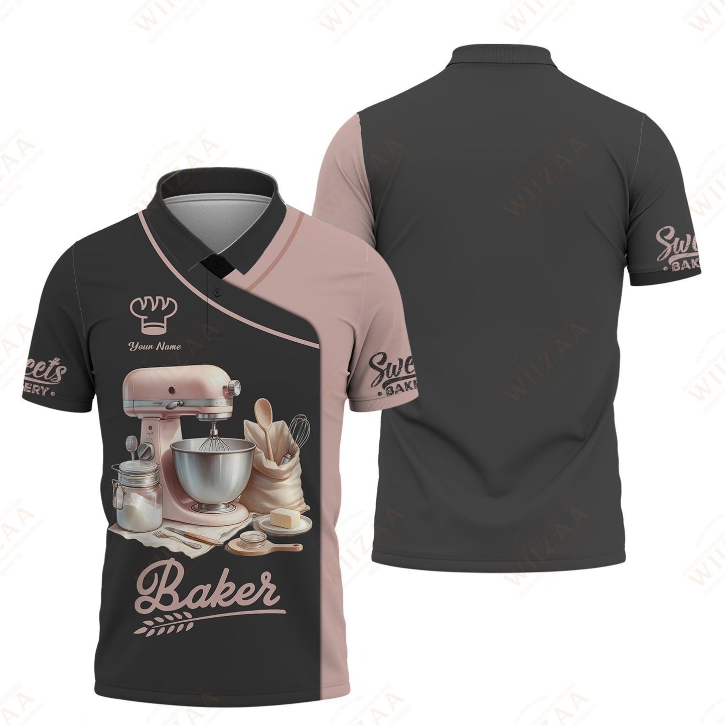 T-shirt de boulanger personnalisé – Mélangeur et ustensiles classiques avec détails de manche de boulangerie sucrés