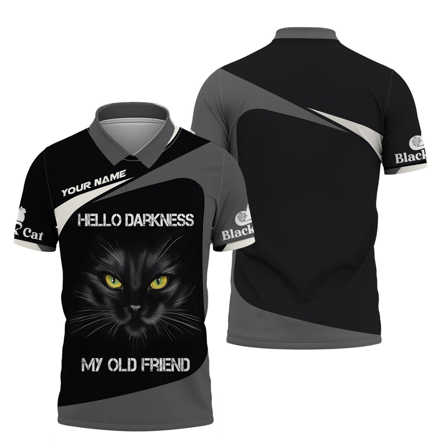 T-shirt personnalisé avec nom de chat noir Hello Darkness My Old Friend 3D Shirts Cadeau pour les amoureux des chats