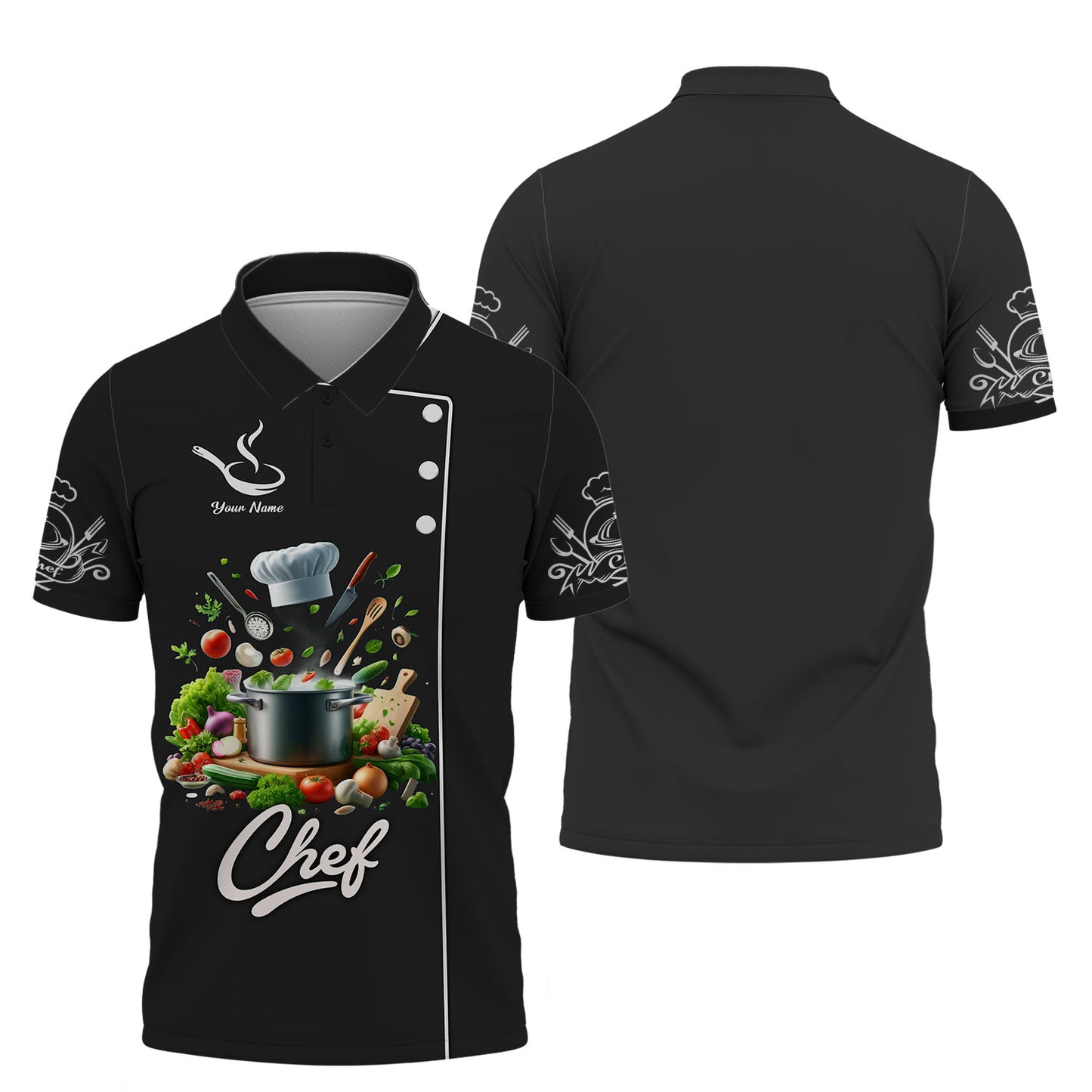 Camiseta de chef personalizada: ingredientes gourmet frescos en una olla para expertos gastronómicos