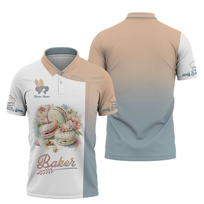 Chemises de boulanger personnalisées - Design élégant de macarons et de fleurs pour les chefs pâtissiers