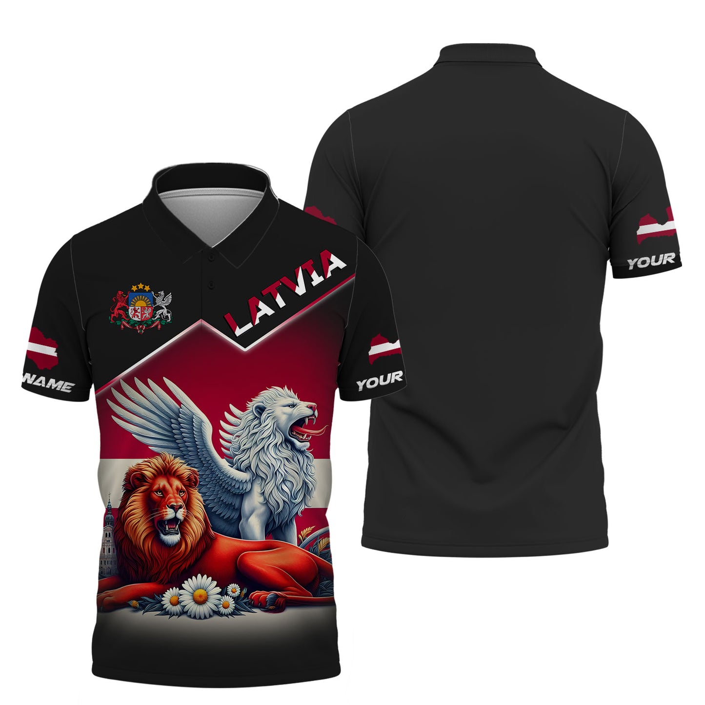 Camiseta personalizada con nombre en 3D de El león con margaritas de Letonia, regalo personalizado para los amantes de Letonia