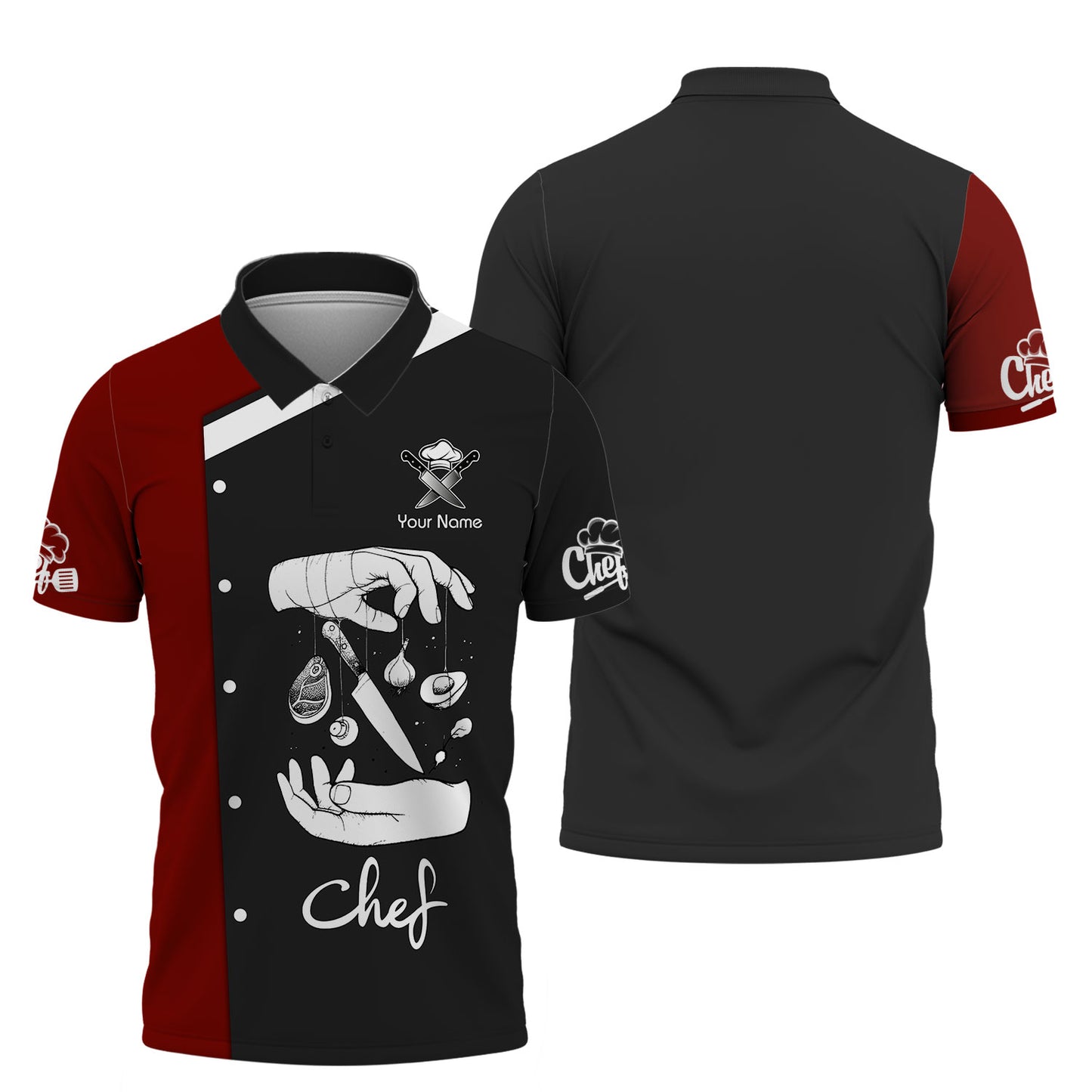 T-shirt personnalisé Petty Chef Tattoo 3D avec couteaux et chef de cuisine