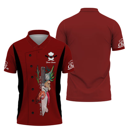 Personalized Chef Shirt – 'Cook to Live, Live to Cook' Motto with Herb and Spice Accents