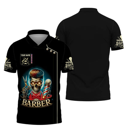 Camiseta de barbero con estampado completo en 3D y calavera personalizada, regalo con nombre para amantes de los barberos