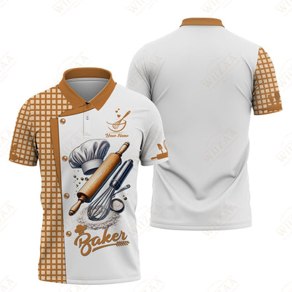 Camisa de panadero personalizada: elegante batidor y rodillo sobre fondo blanco clásico