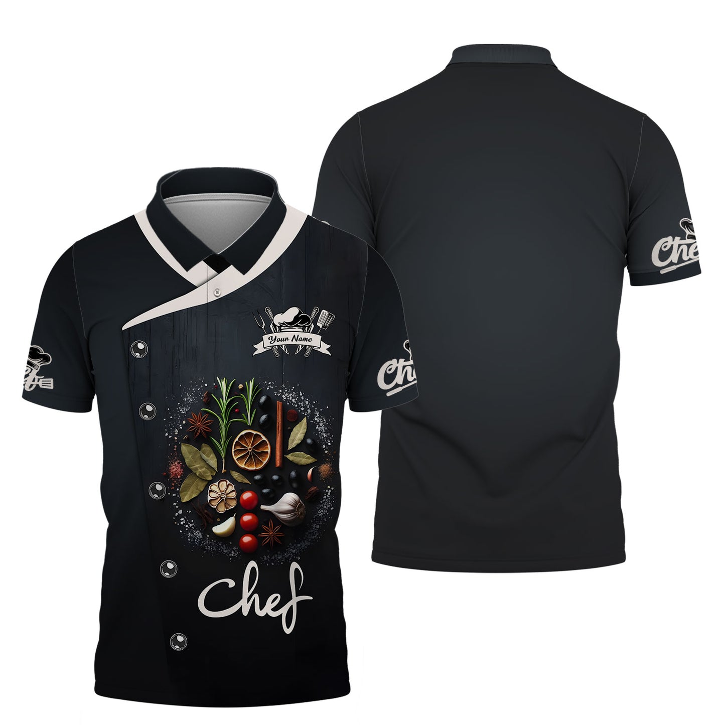 Chemise de chef personnalisée - Arrangement élégant d'épices et d'herbes pour les professionnels de la cuisine