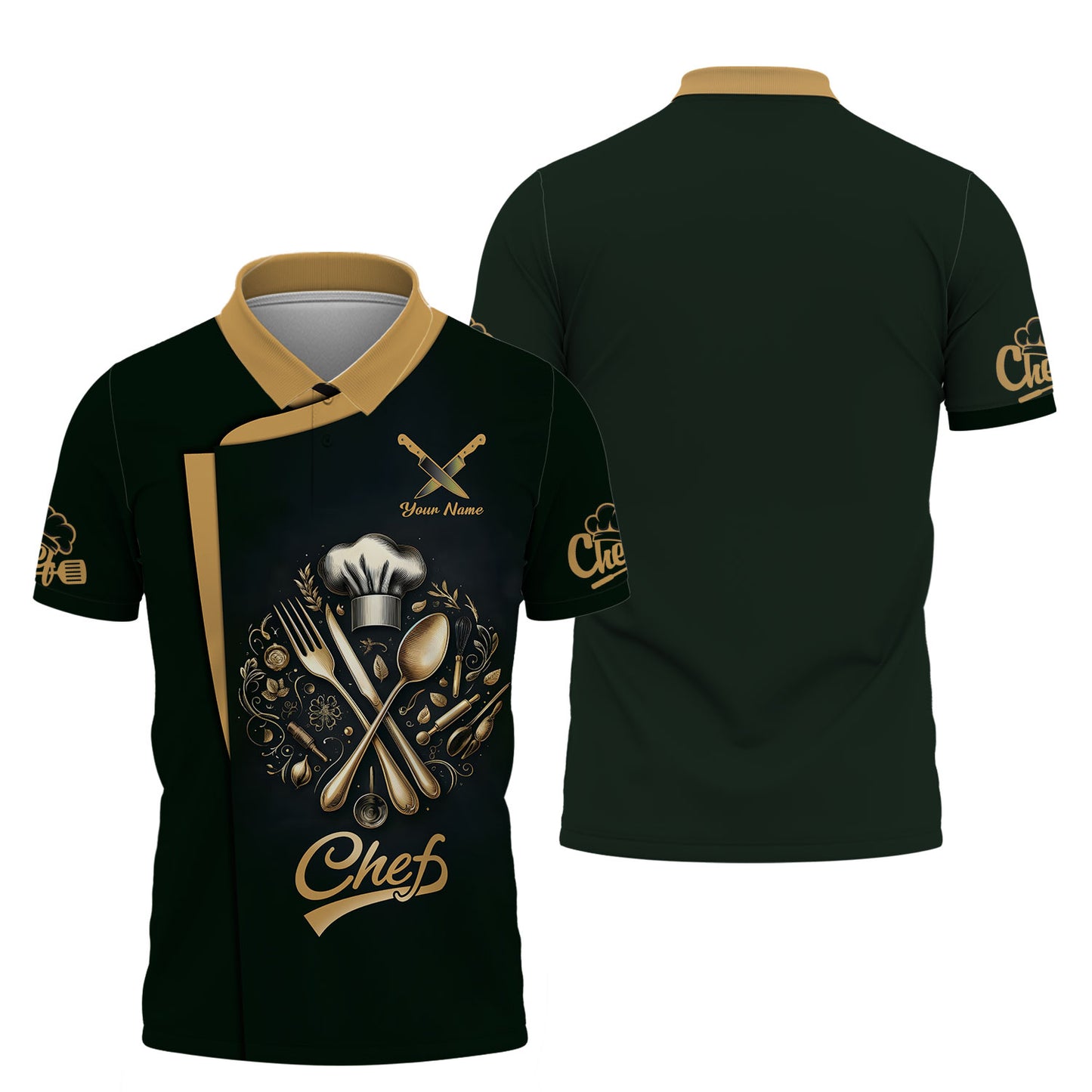 Camisa de chef personalizada: elegante escudo dorado con herramientas culinarias sobre fondo verde oscuro