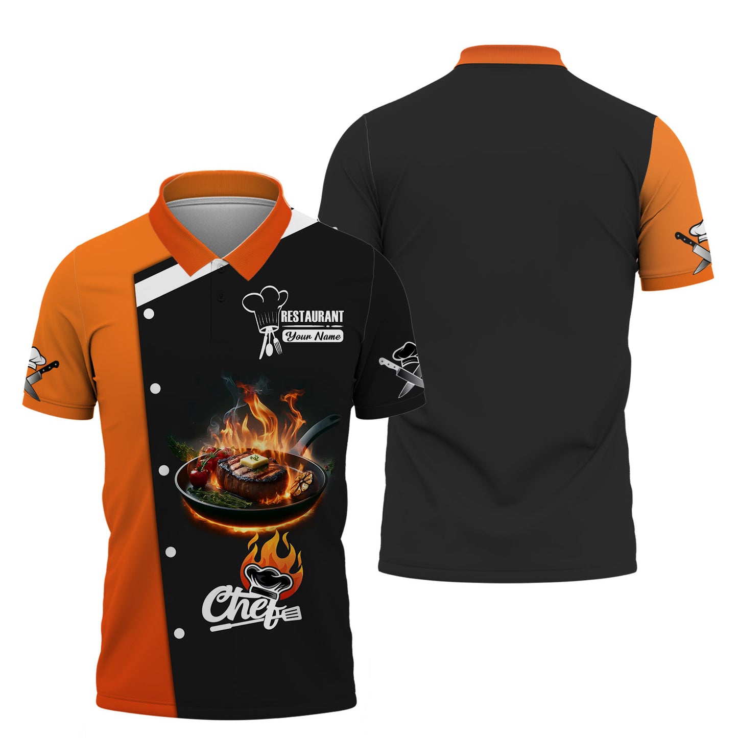 Camisa de chef personalizada: estampado de filete ardiente en negro y naranja