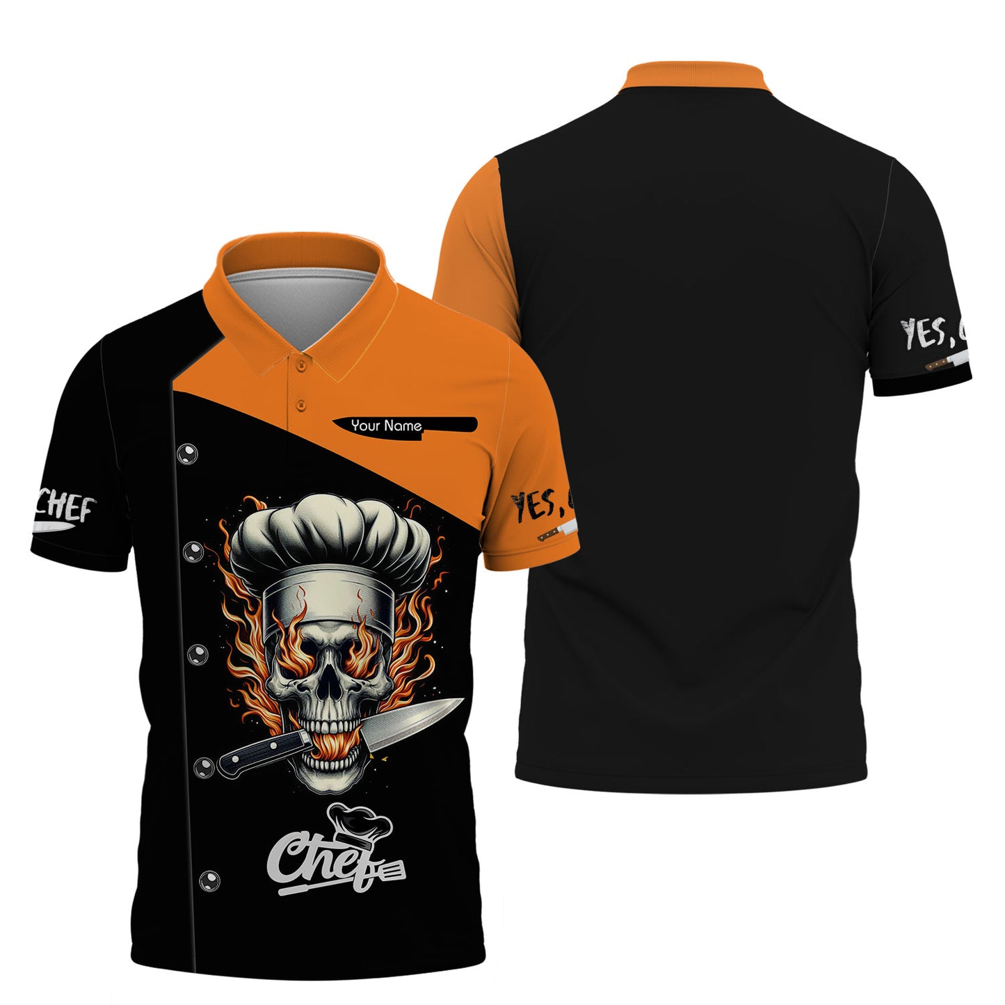 Camisa de chef personalizada: atrevido motivo de calavera en llamas para el cocinero apasionado