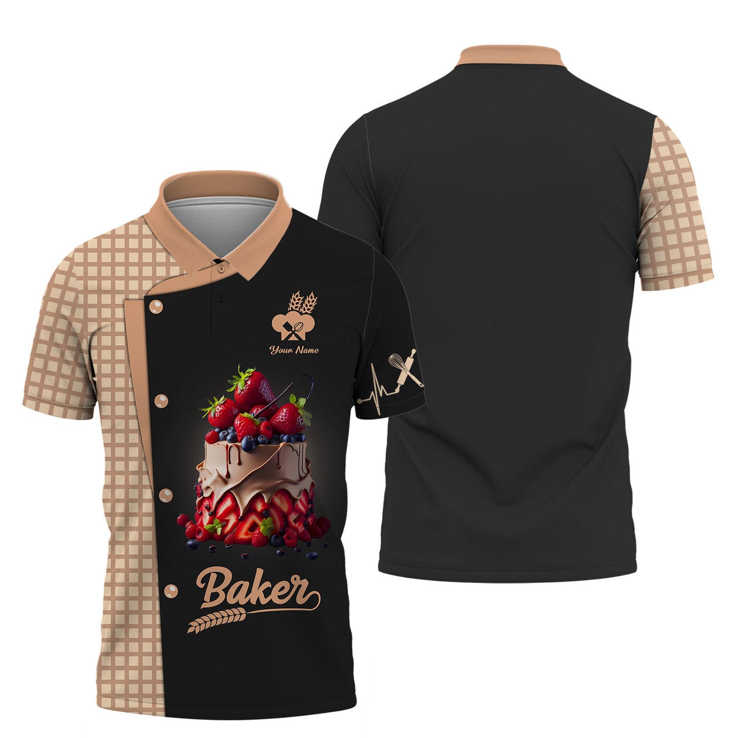 Camisetas de panadero personalizadas: diseño de pastel decadente con cobertura de frutos rojos para artesanos de postres