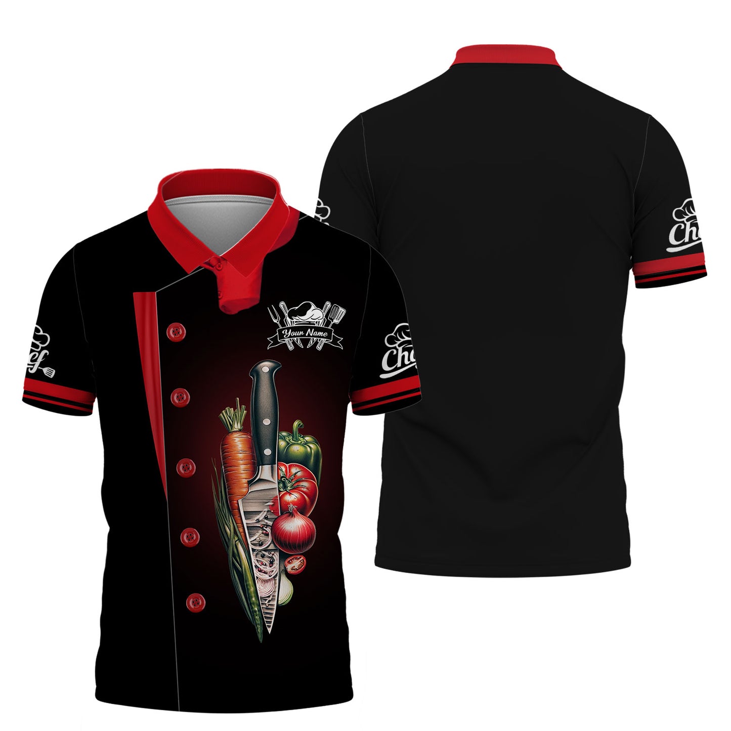 Camisa de chef personalizada: emblema de cuchillo y verduras de cosecha fresca