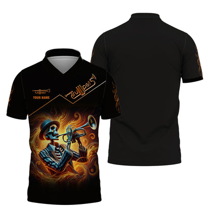 Camiseta con estampado 3D completo de calavera de fuego y trompeta, regalo personalizado con nombre para amantes de la trompeta