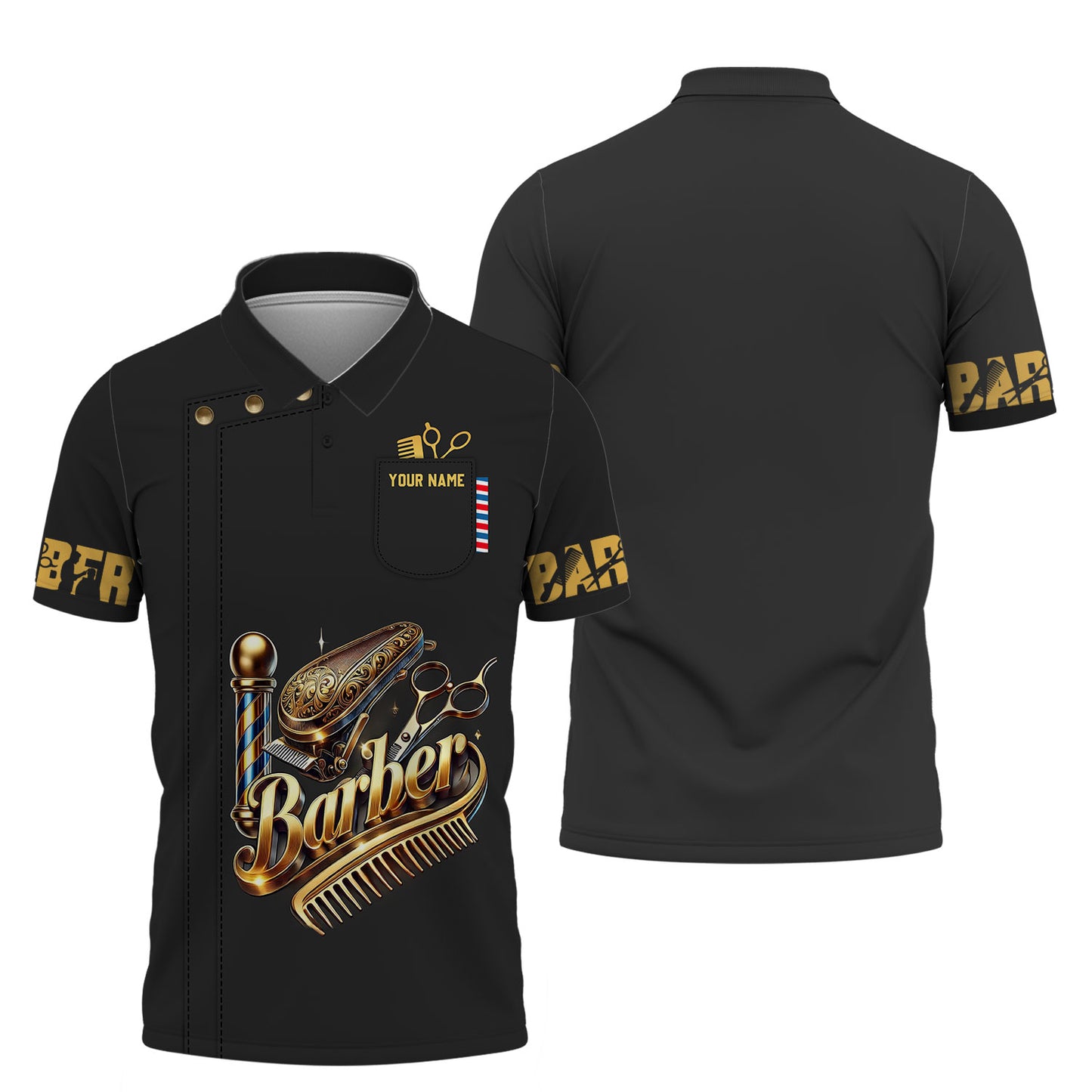 Camisetas con herramientas de barbero doradas con impresión completa en 3D, regalo con nombre personalizado para amantes de la peluquería