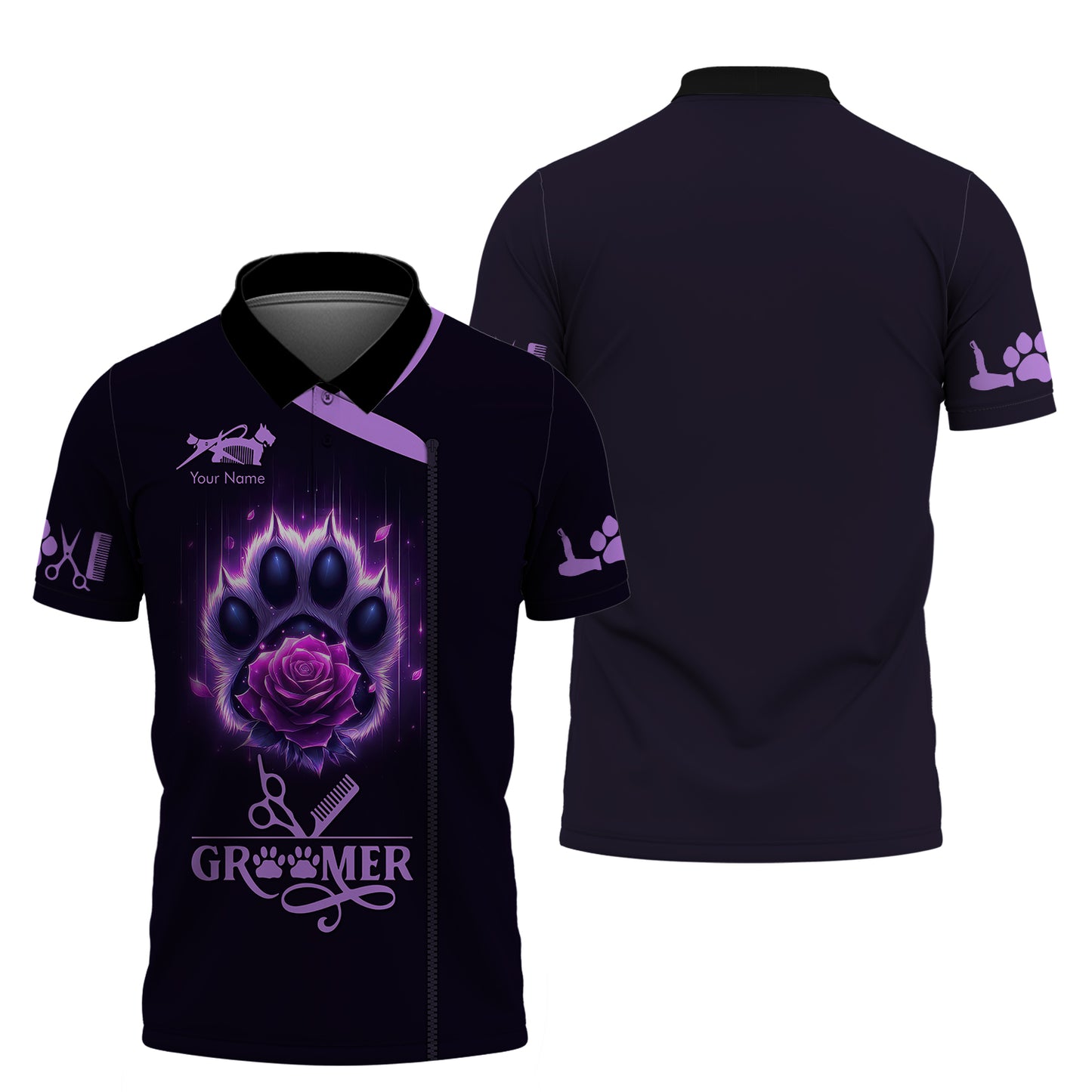 Groomer Custom T-Shirts Paw And Rose Purple 3D Shirt