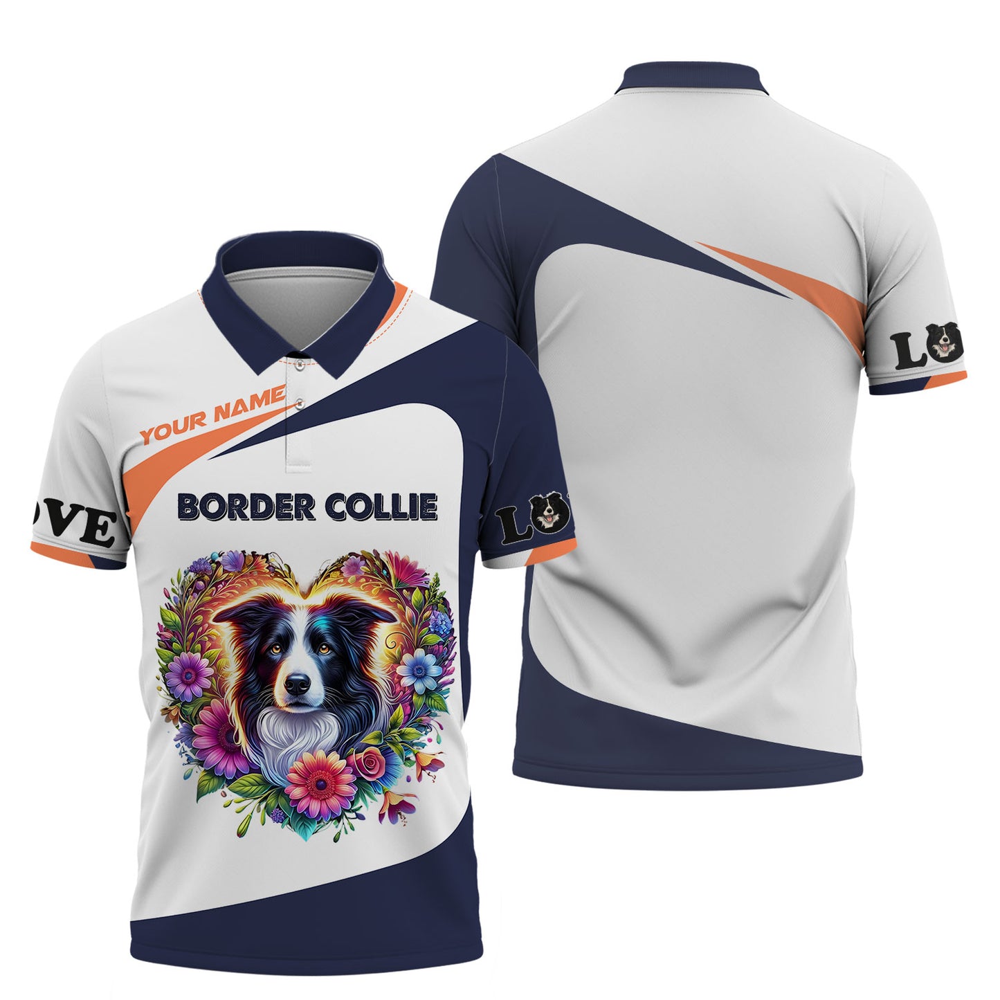 T-shirt Border Collie personnalisé - Motif cœur floral vibrant