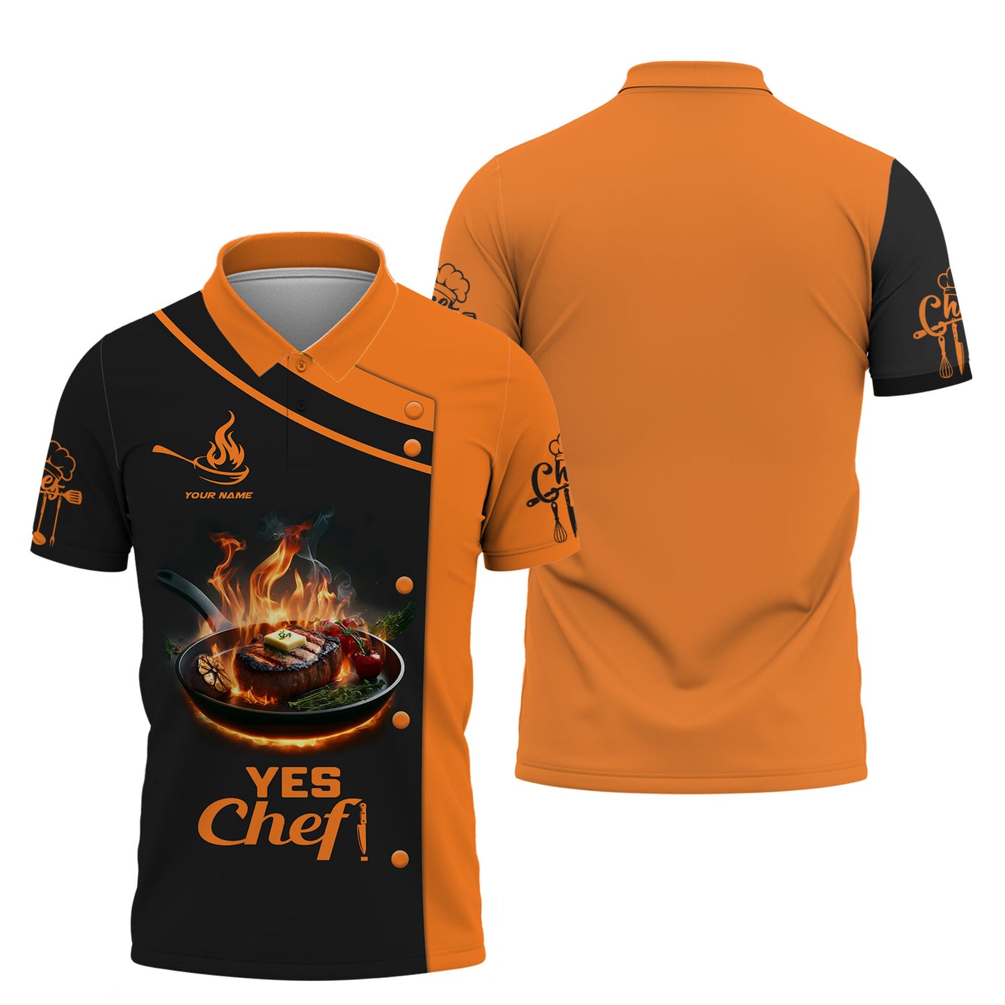 Camisa de chef personalizada: filete en llamas para entusiastas de la cocina, ¡Sí, chef!