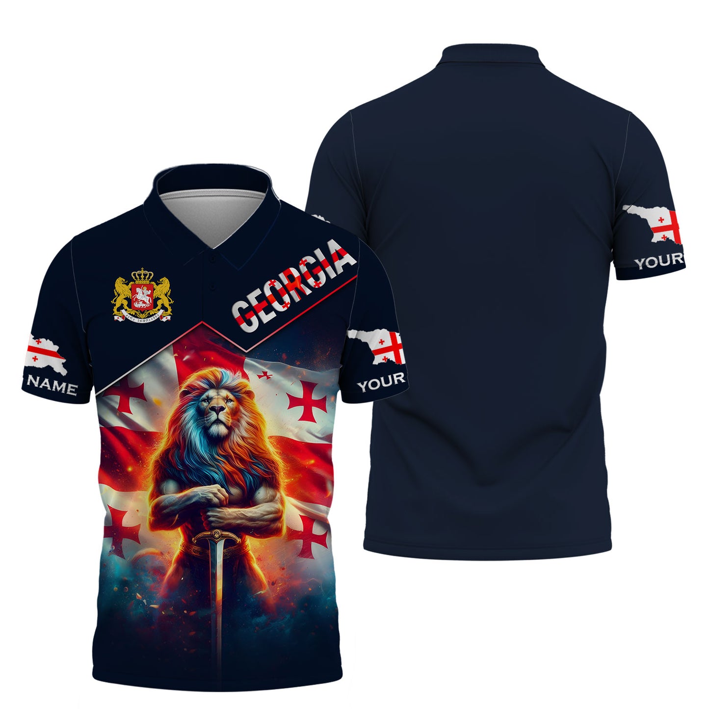 T-shirt personnalisé avec nom 3D Lion Warrior avec drapeau de la Géorgie, cadeau personnalisé pour les amoureux de Gruzia