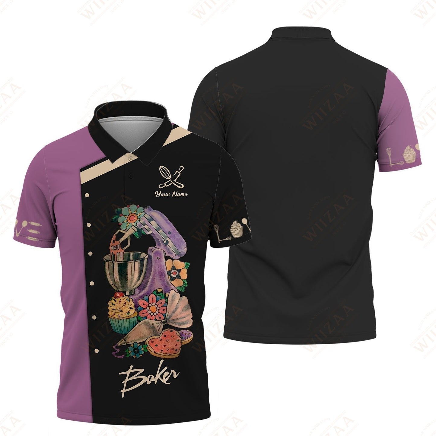 Personalized Baker Shirt – Vibrant Mixer & Pastry Illustration on Mauve