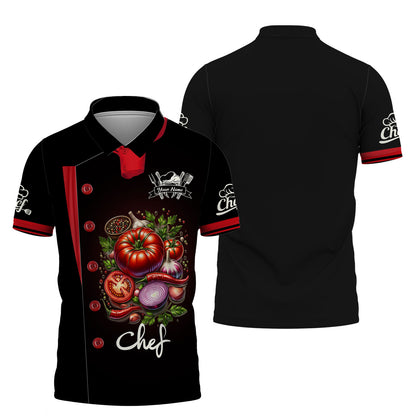 Camisa de chef personalizada: elegante diseño de tomate y cebolla para expertos culinarios