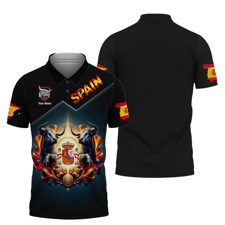 Personalized Spain Pride Shirt - Dual Bulls and Coat of Arms Design for Spain Enthusiasts