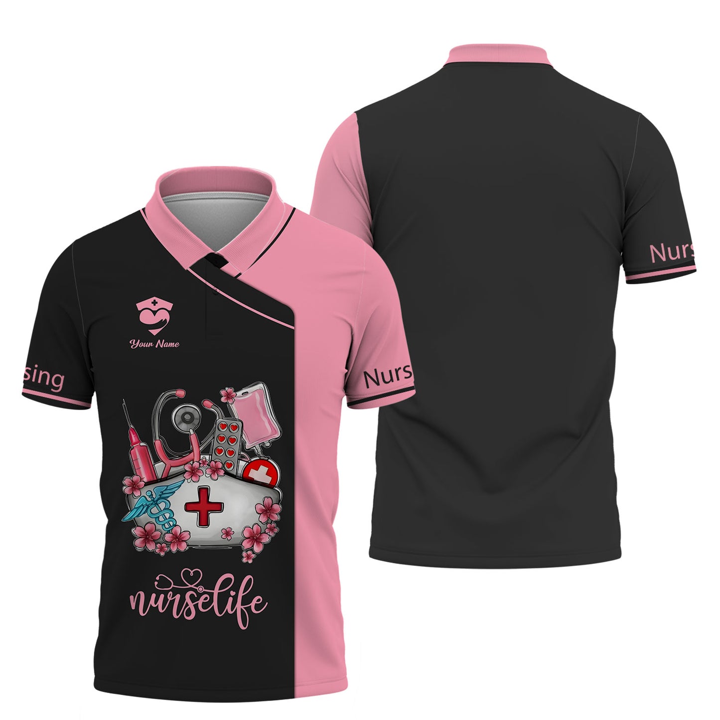 Camiseta de enfermera personalizada: «Nurse Life» con motivo médico en rosa y negro