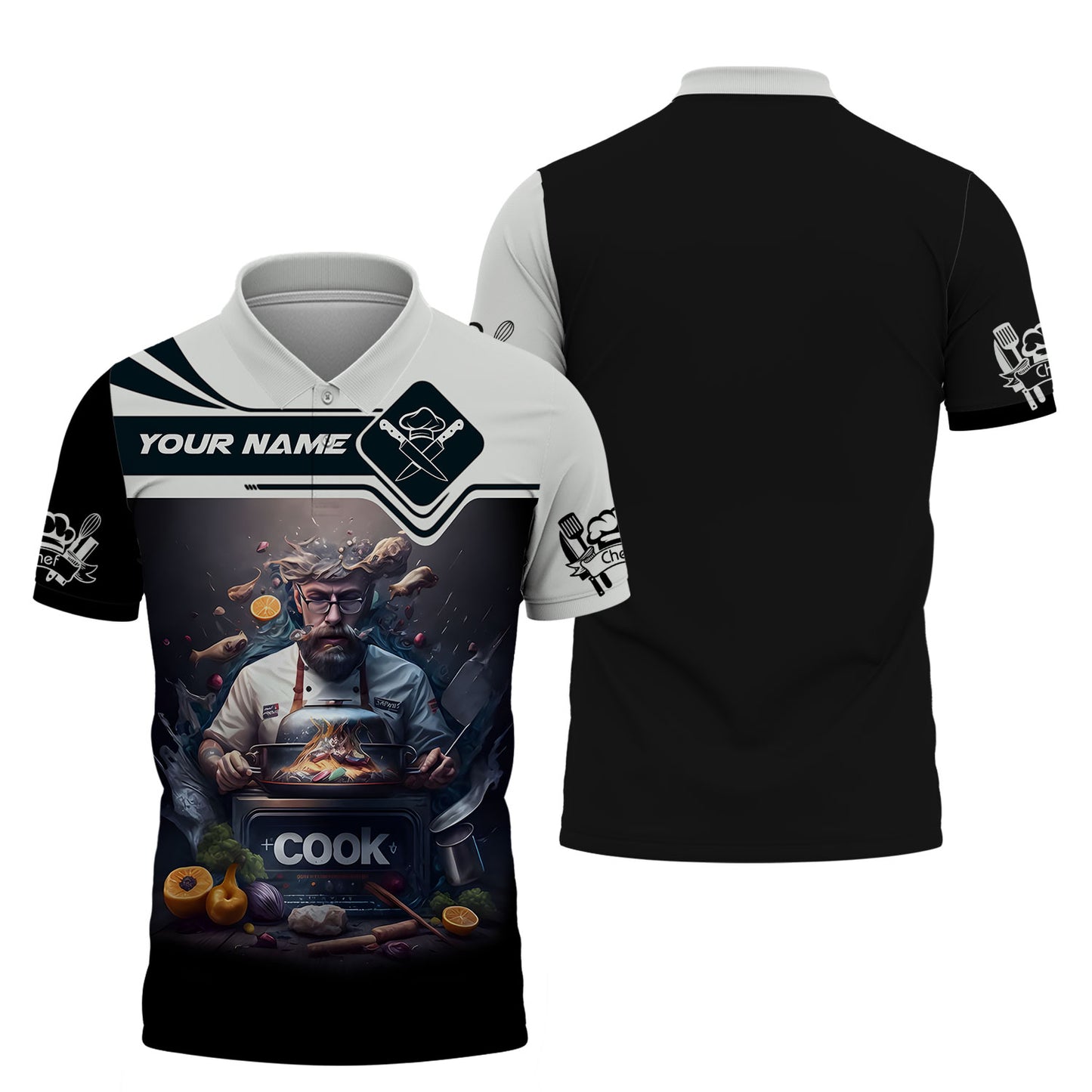 Camiseta de chef personalizada: chef maestro en acción con imágenes dinámicas de cocina