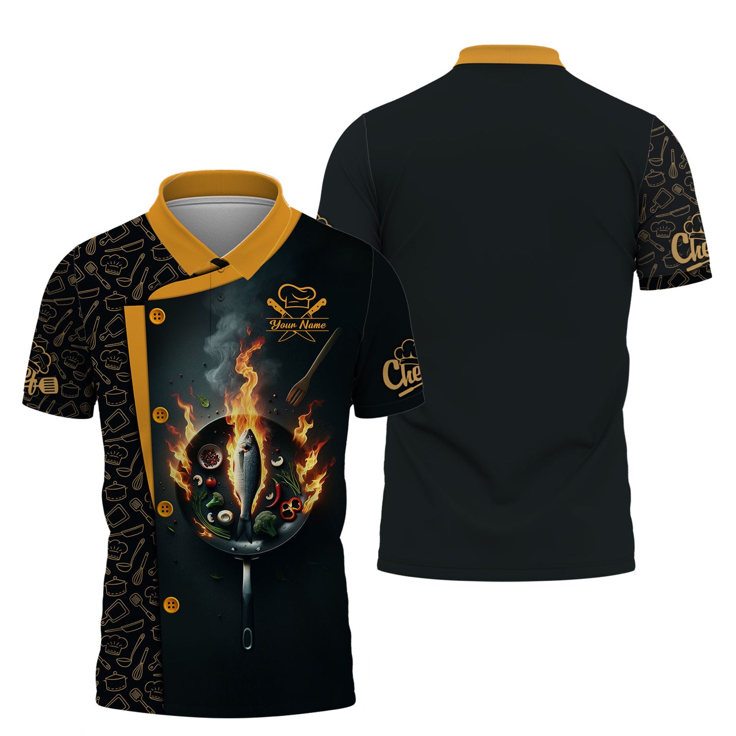 Personalized Chef Shirt – Fiery Pan with Flaming Fish and Vegetables Design