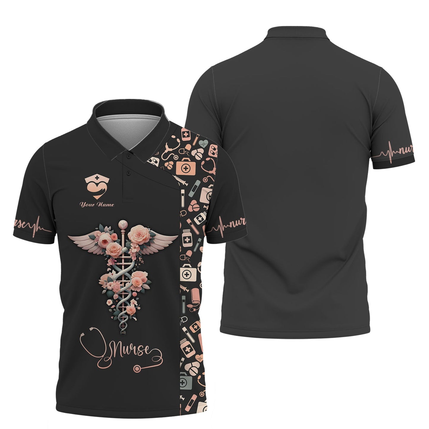 Personalized Nurse Shirt – Floral Caduceus with Angelic Wings Design