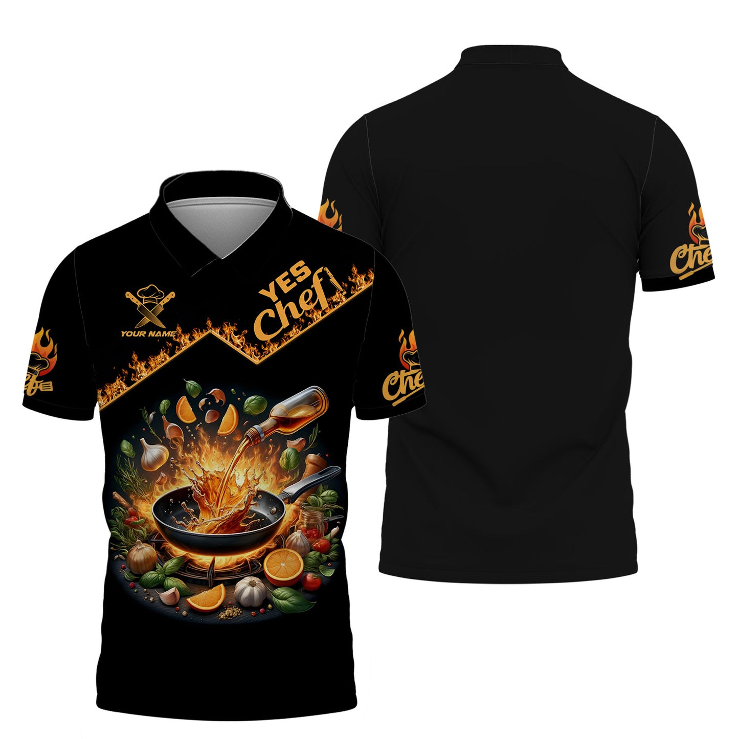 Camisa de chef personalizada: sartén chisporroteante y salpicaduras de ingredientes vibrantes