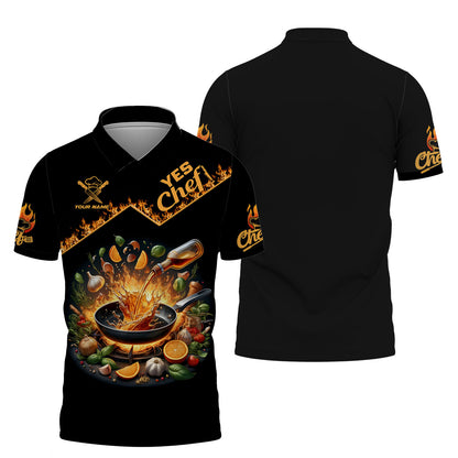 Camisa de chef personalizada: sartén chisporroteante y salpicaduras de ingredientes vibrantes