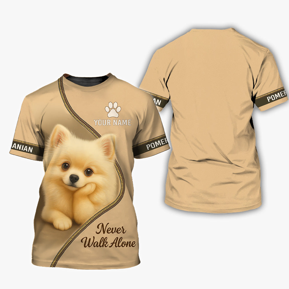 Personalized Pomeranian Unisex T Shirt - Cute Fluffy Dog Design Never Walk Alone