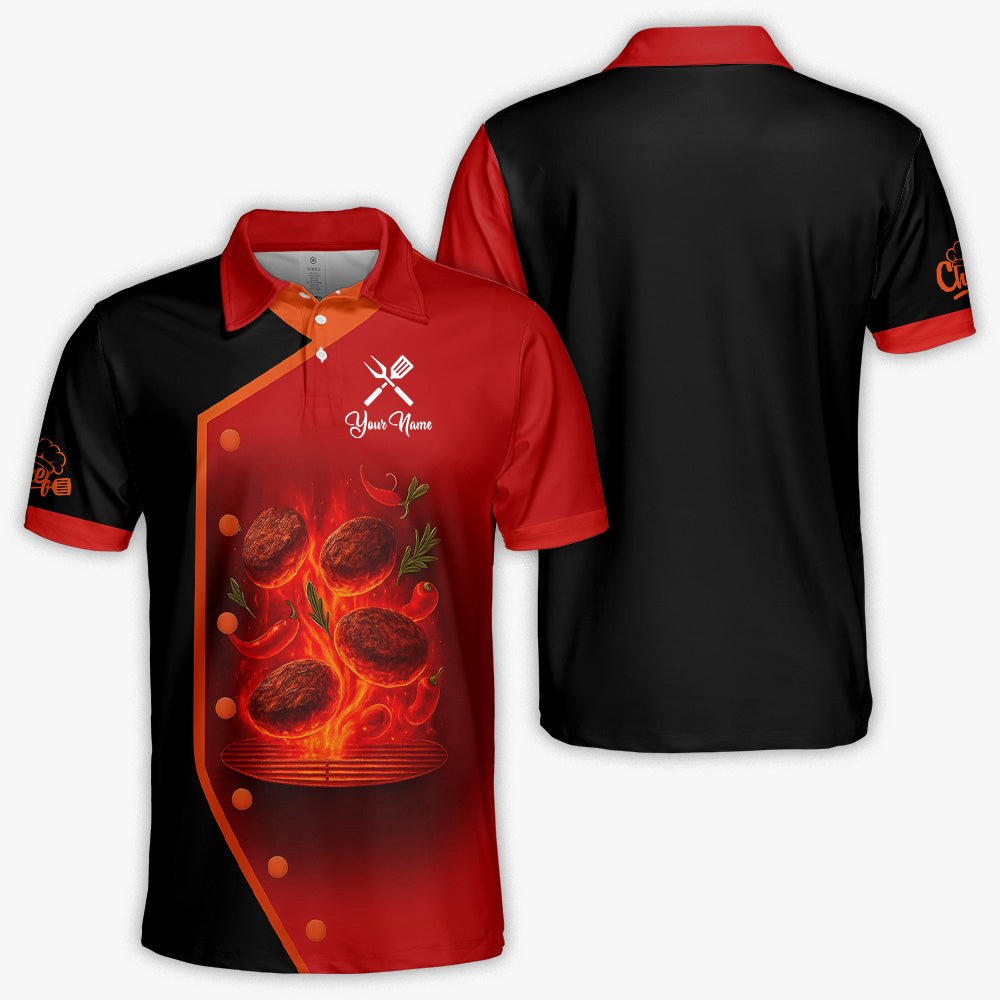 Personalized BBQ Chef T Shirt - Flaming Grill Patties Red Black Design