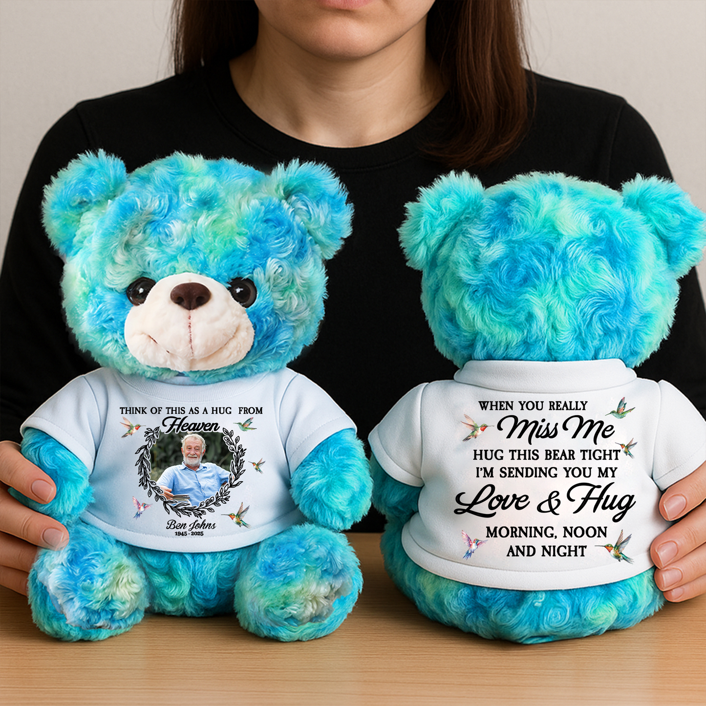 Think Of Me As A Hug From Heaven Custom Photo - Memorial Personalized Teddy Bear