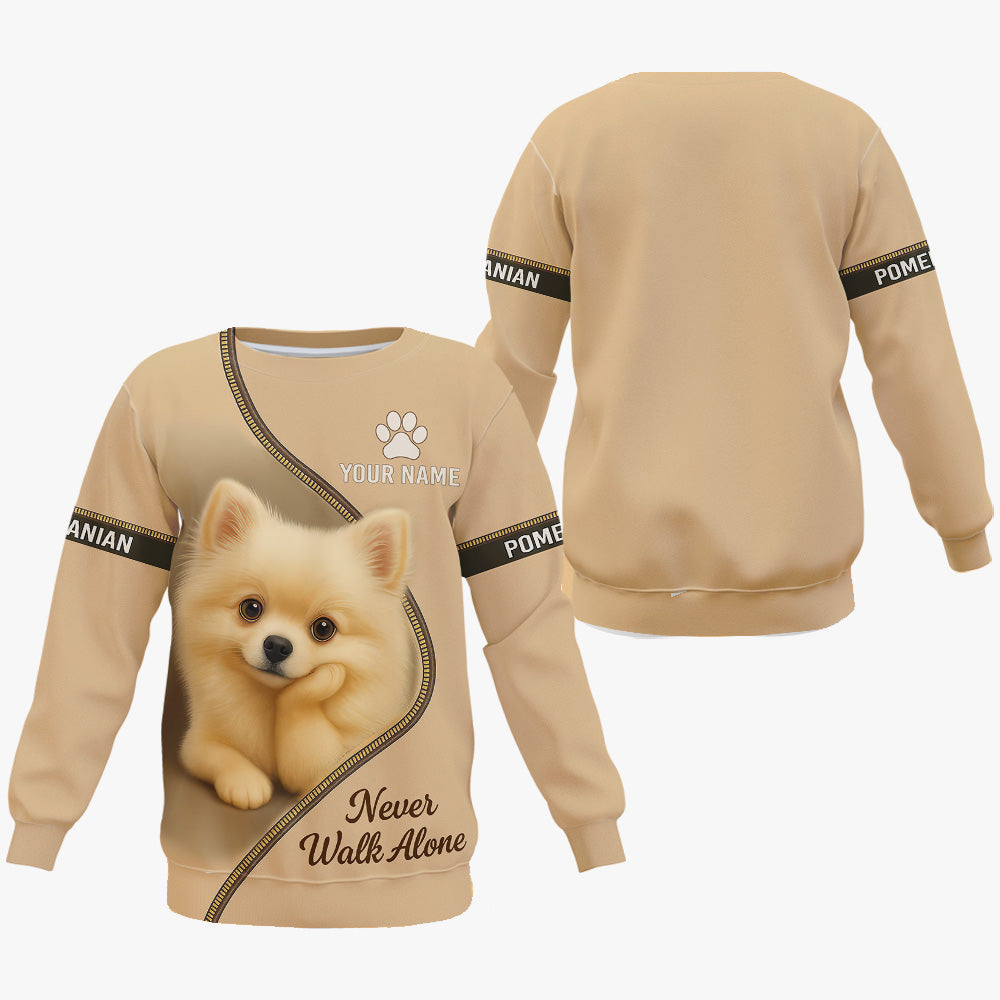 Personalized Pomeranian Unisex T Shirt - Cute Fluffy Dog Design Never Walk Alone