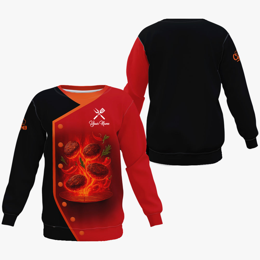 Personalized BBQ Chef T Shirt - Flaming Grill Patties Red Black Design