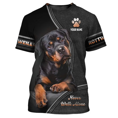 Rottweiler Custom Name Zipper Hoodie Never Walk Alone Gift For Dog Lover 3D Shirts