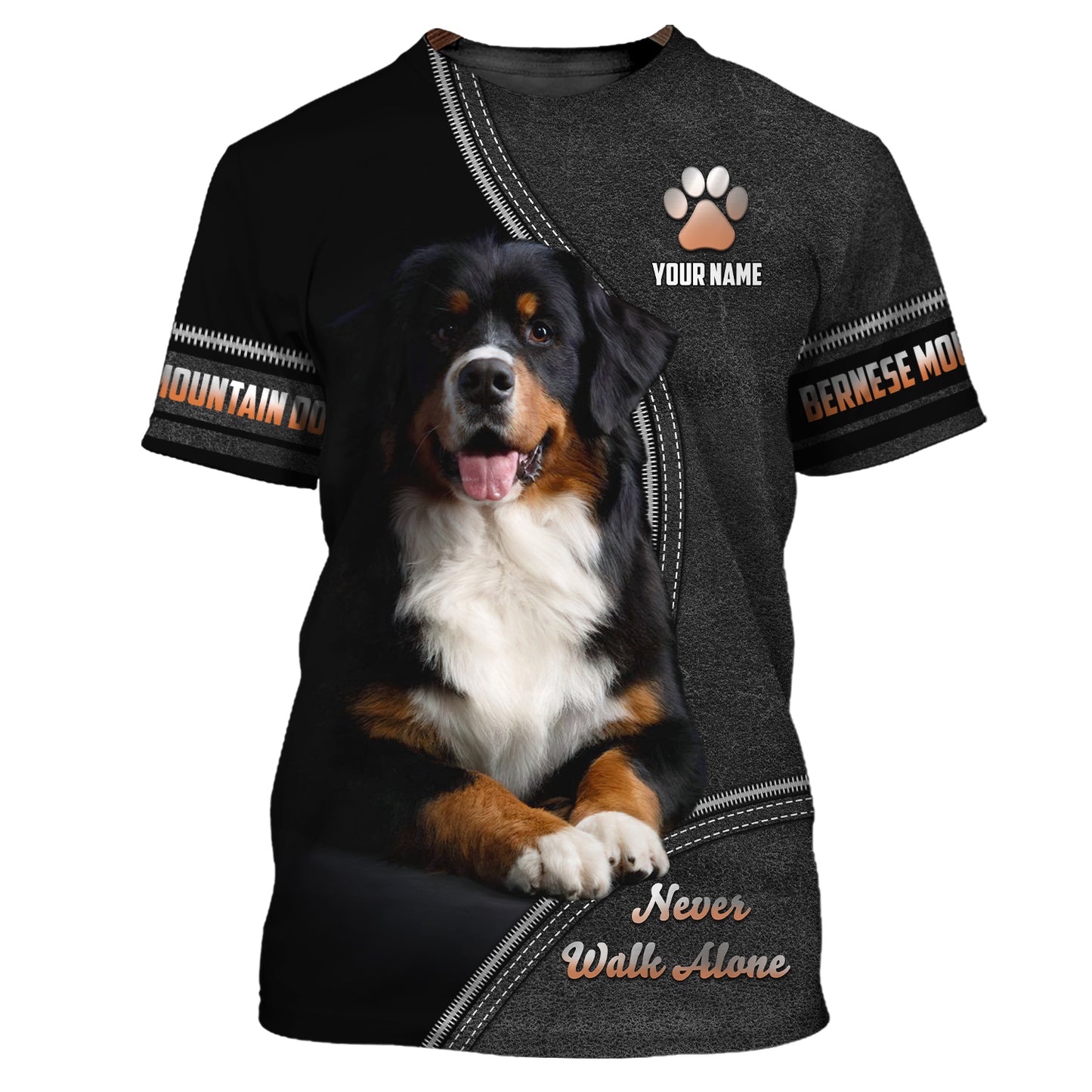 Sweat à capuche zippé avec nom personnalisé Bernese Mountain Never Walk Alone Cadeau pour les amoureux des chiens Chemises 3D