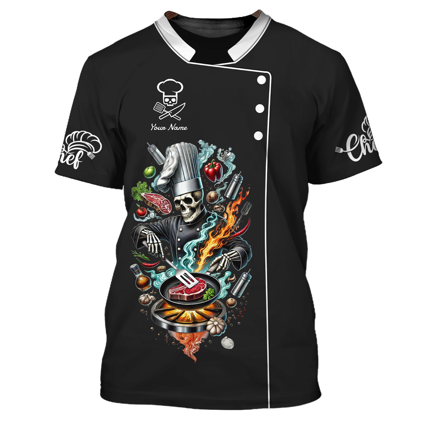 Personalized Chef Skeleton Shirt - Cook in Style with a Fiery Flair