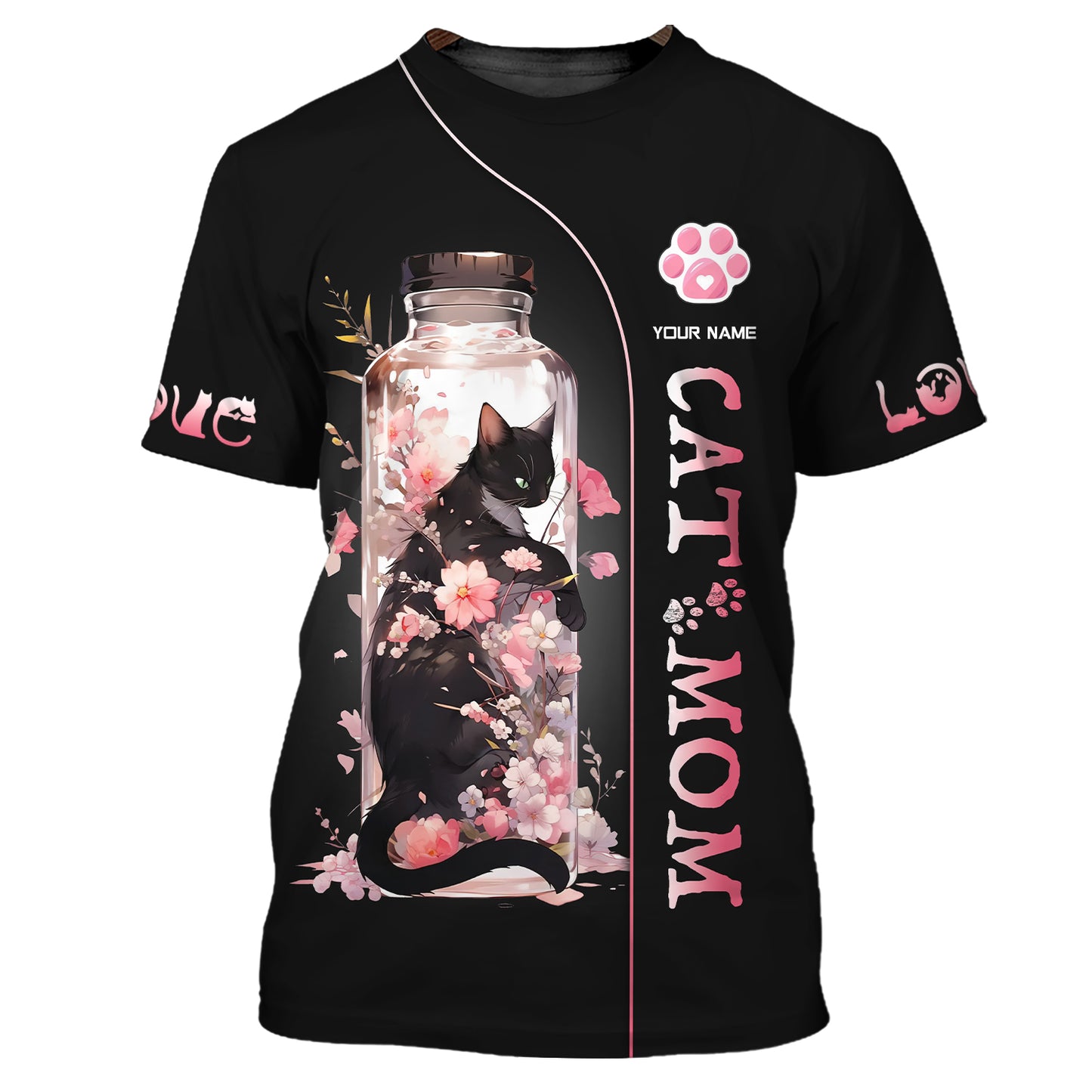 Sudadera con capucha y cremallera 3D con nombre personalizado de gato negro en un frasco de flores de cerezo para amantes de los gatos