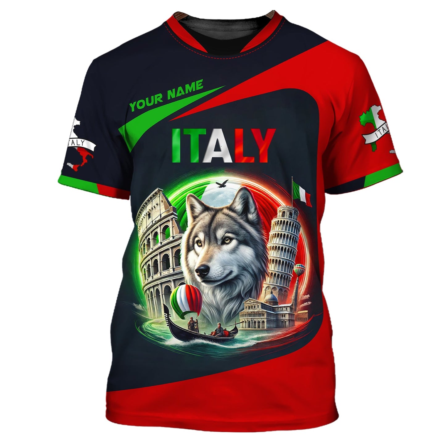 T-shirts personnalisés Italie Le loup et les symboles célèbres de l'Italie Sweat à capuche zippé 3D Cadeau pour amoureux italiens