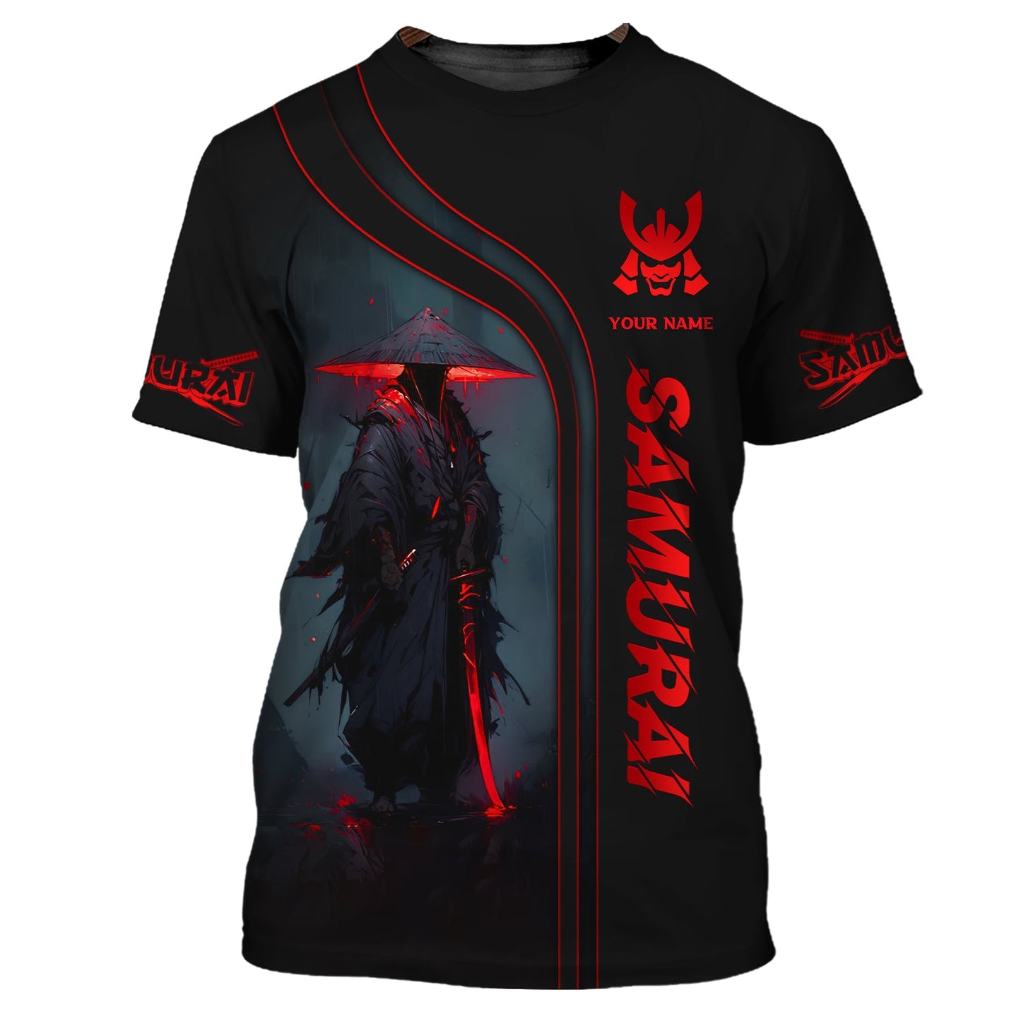 Black & Red Light Samurai Personalized Name 3D Zipper Hoodie Custom Gift For Samurai Lovers