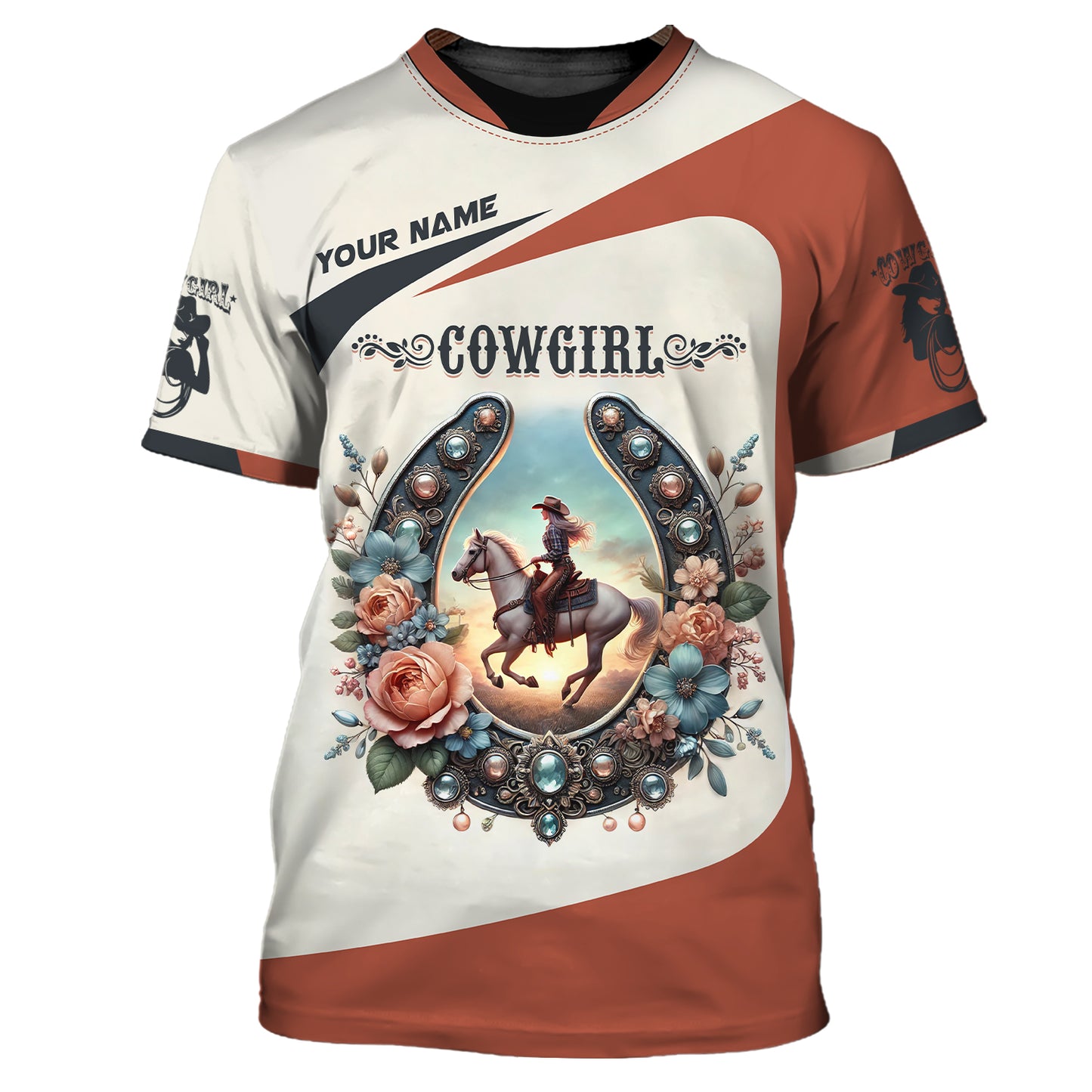 Custom Name Cowgirl With Horseshoe Flowers 3D Zipper Hoodie Gift For Cowgirl Lovers